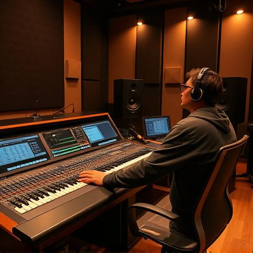 An engineer working at a mixing console in a Zenith Audio studio